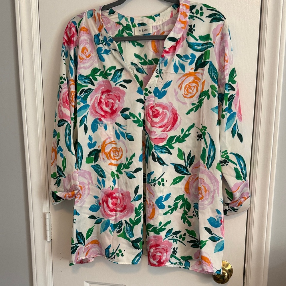 Bright Floral Button-Front Blouse in White with Pink & Orange Roses